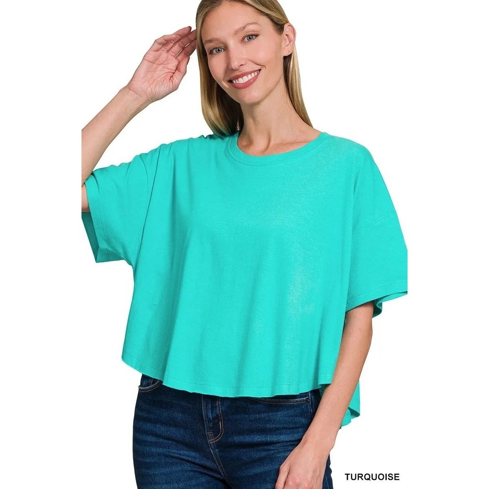 Zenana T-Shirt Womens Small Turquoise NWT Relaxed Boxy Cropped Cotton
